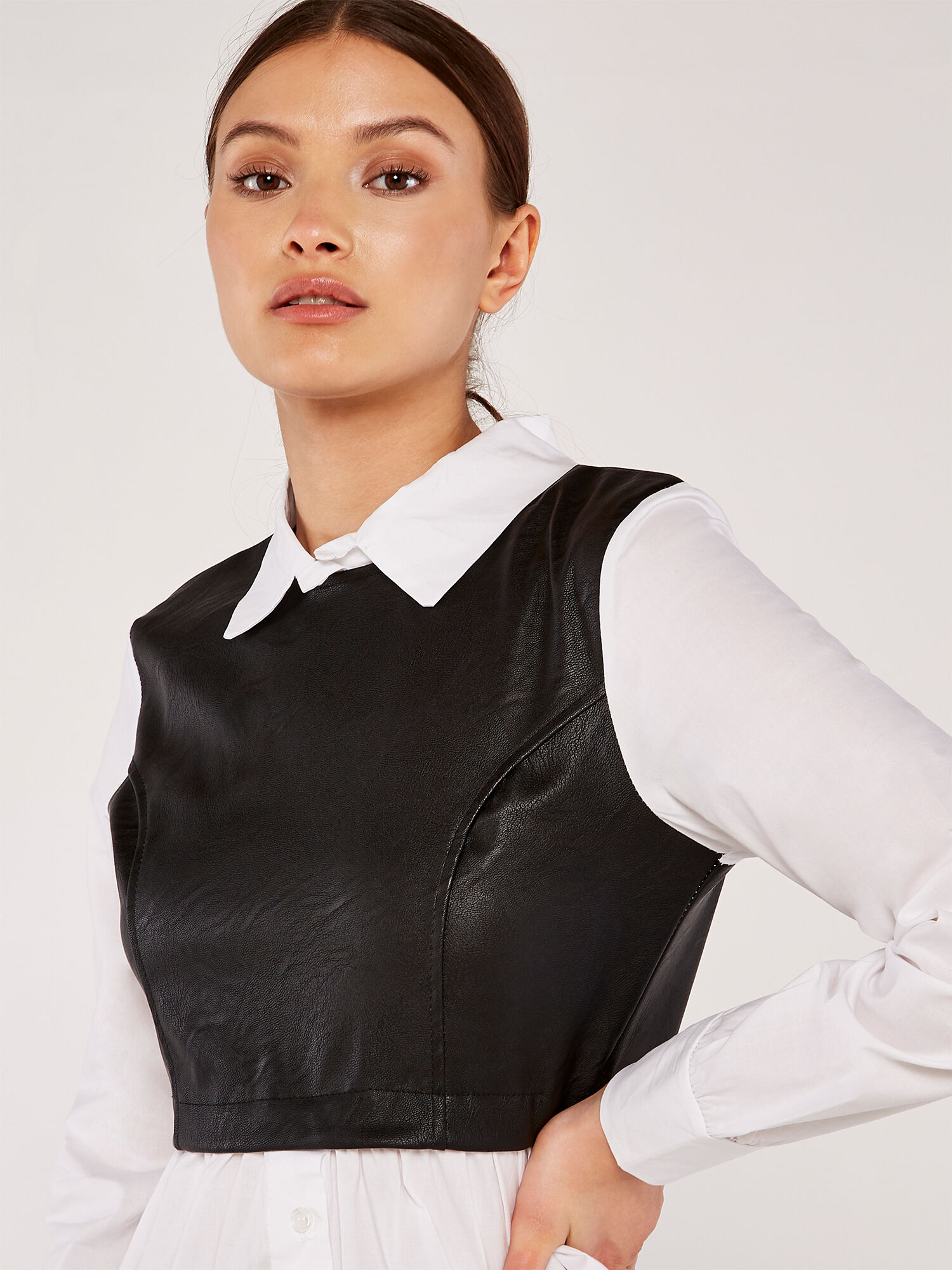 Leather Look Bodice Shirt Top Apricot Clothing
