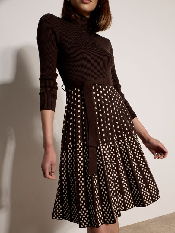 Ribbed Knit Polka Dot Midi Dress, Brown, large
