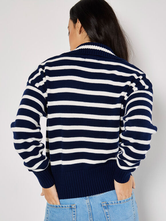 Zip Neck Stripe Jumper, Navy, large