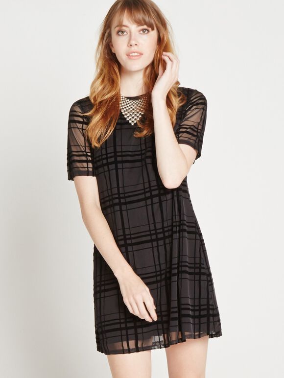 Flocked Check Swing Dress, Black, large