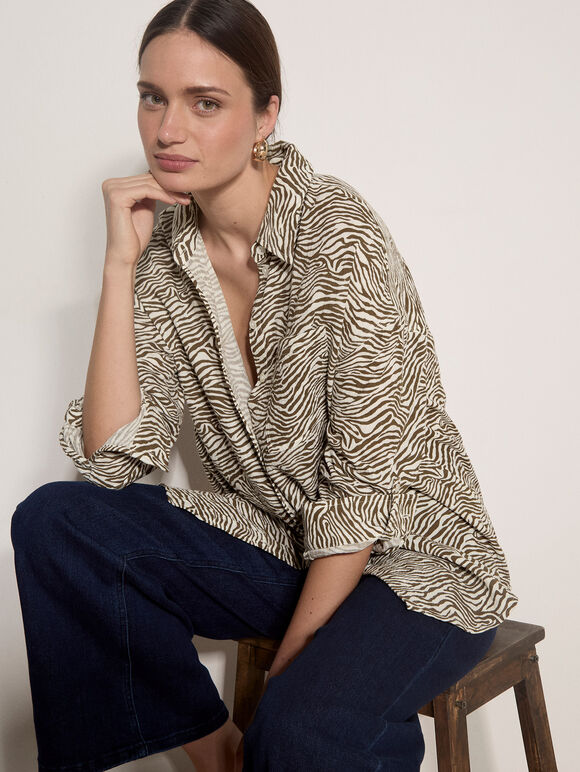 Zebra Print Oversized Shirt, Brown, large