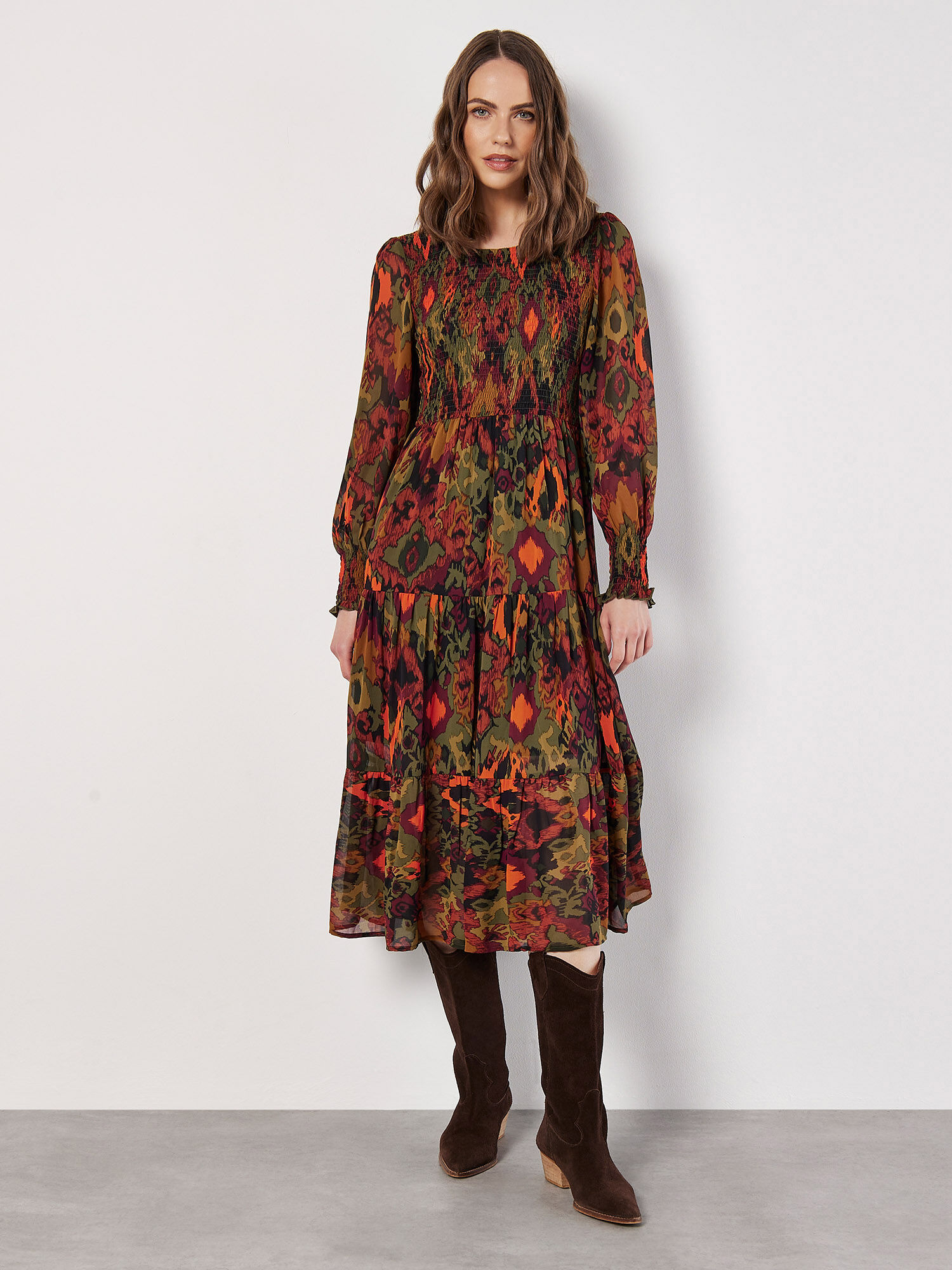 Ikat Chiffon Smocked Midi Dress Apricot Clothing