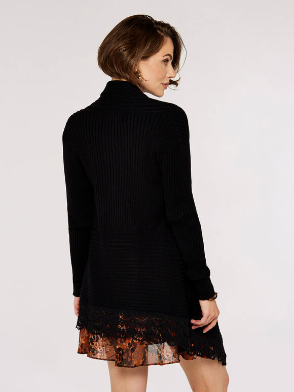 Waterfall Crochet Trim Ribbed Cardigan, Black, large