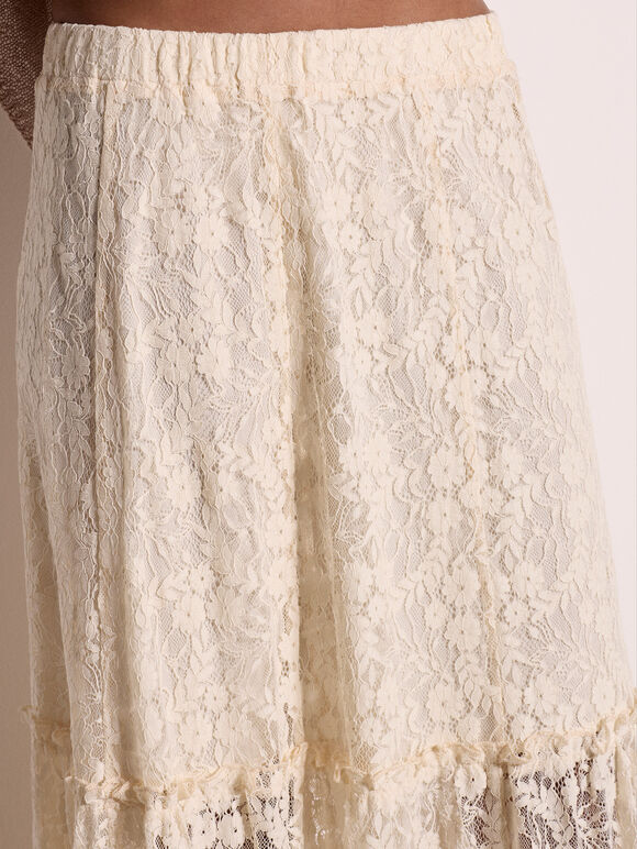 Floral Lace Tiered Midi Skirt, Cream, large