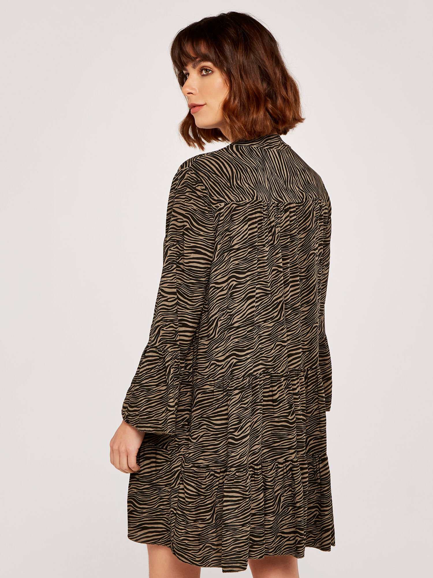 Zebra Print V Neck Tiered Dress Apricot Clothing
