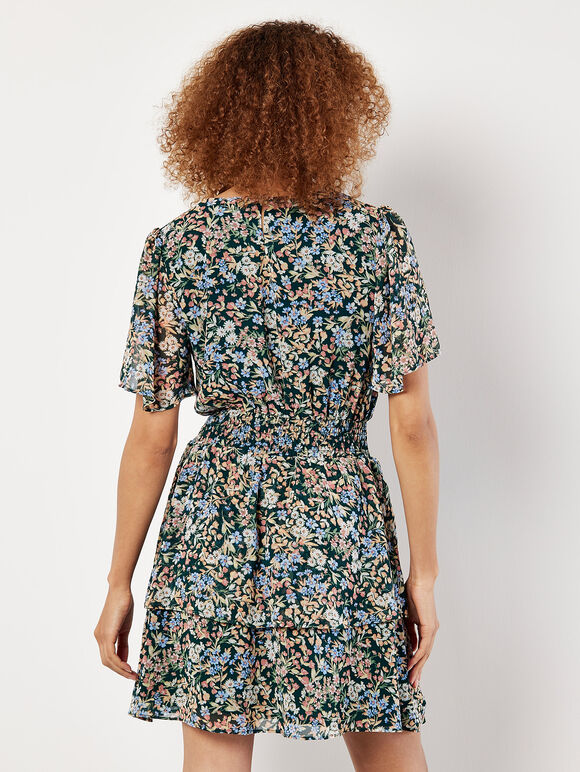 Ditsy Floral Chiffon Mini Dress, Green, large