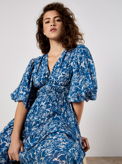 Rose Print Tiered Midi Dress