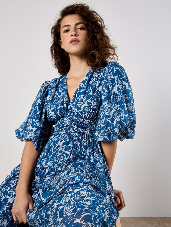 Rose Print Tiered Midi Dress, Blue, large
