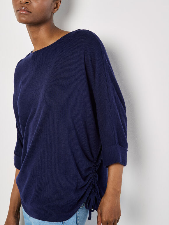 Soft Touch Drawstring Batwing Top, Navy, large