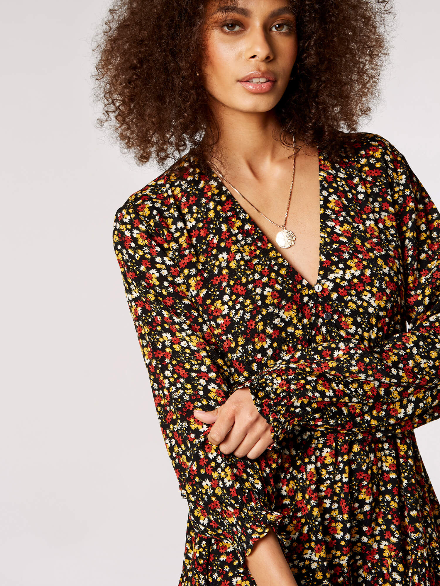 Ditsy Floral Tiered Mini Dress Apricot Clothing