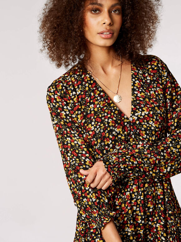 Ditsy Floral Tiered Mini Dress, Black, large