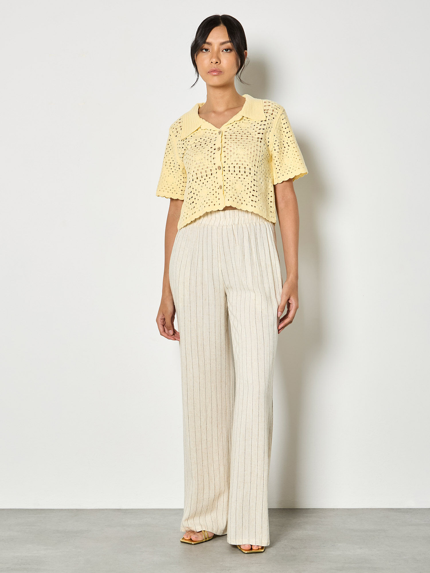 Pinstripe Linen Blend Wide-Leg Trousers | Apricot Clothing