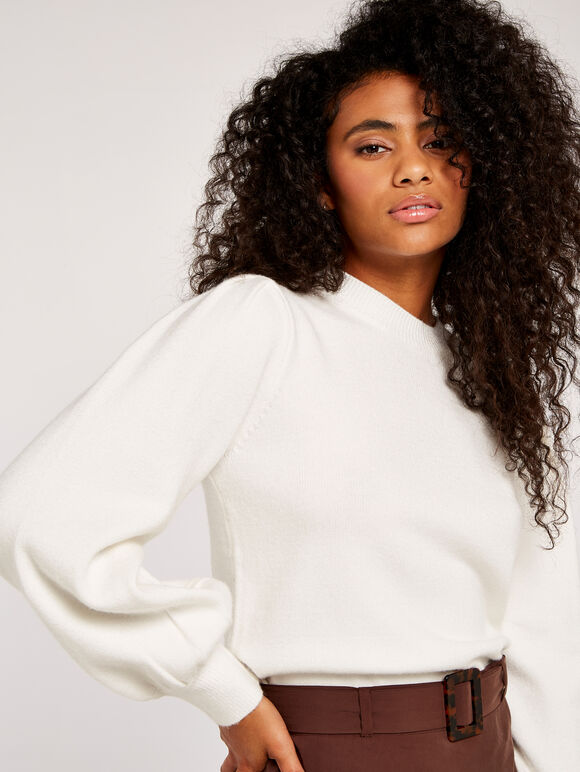 Volume Sleeve Crew Neck Jumper, Cream, large
