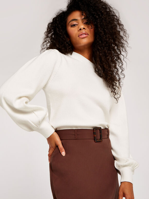 Volume Sleeve Crew Neck Jumper, Cream, large