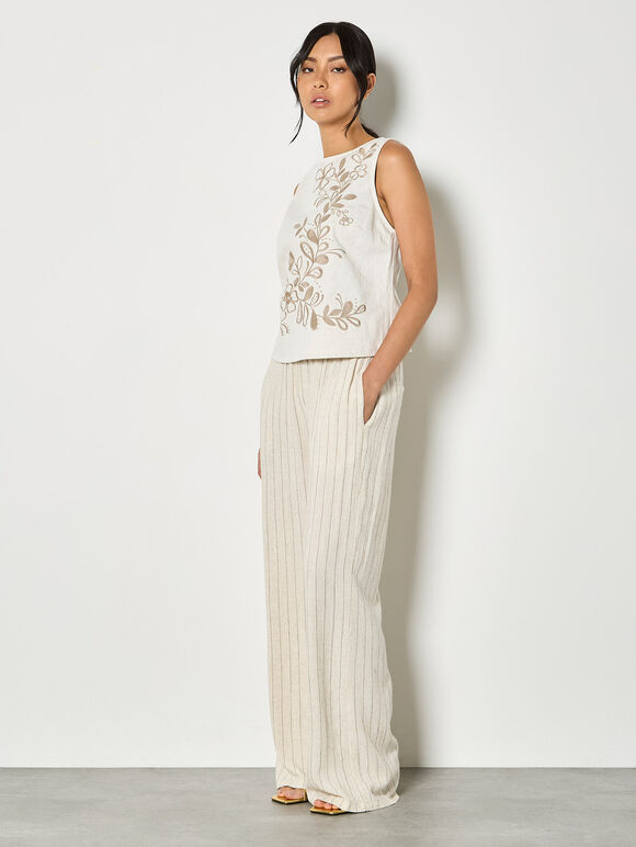 Floral Embroidered Denim Top, Stone, large