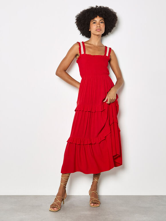 Tiered Lace Trim Midi Dress, Red, large