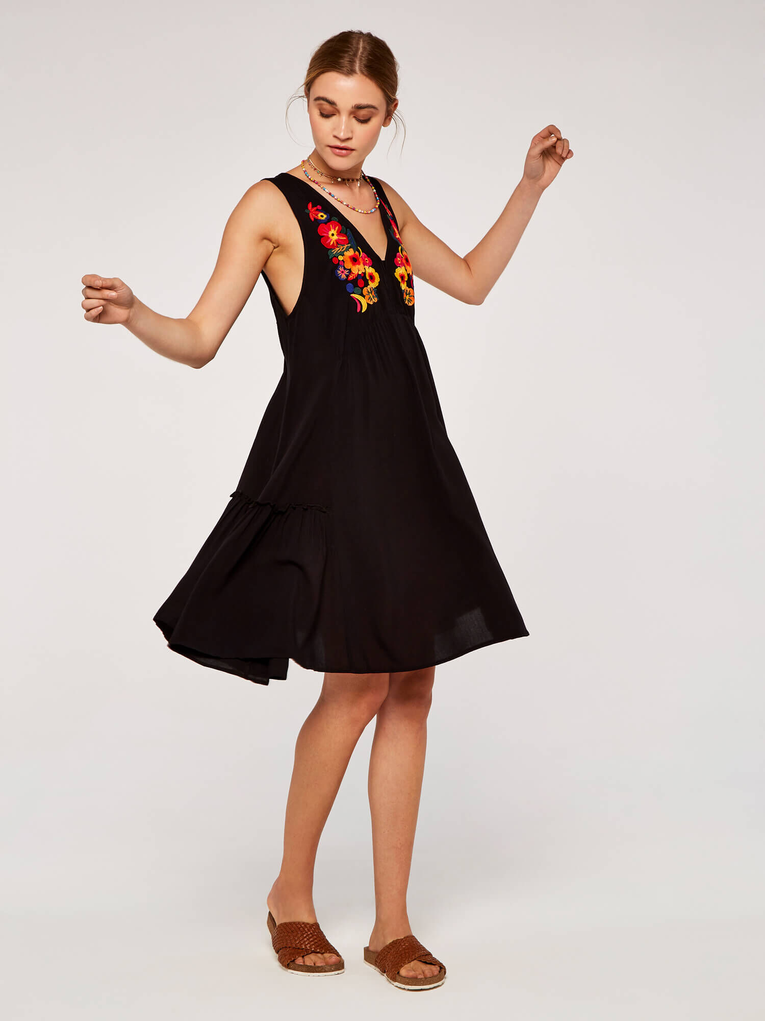 Embroidered Bloom Swing Dress Apricot Clothing