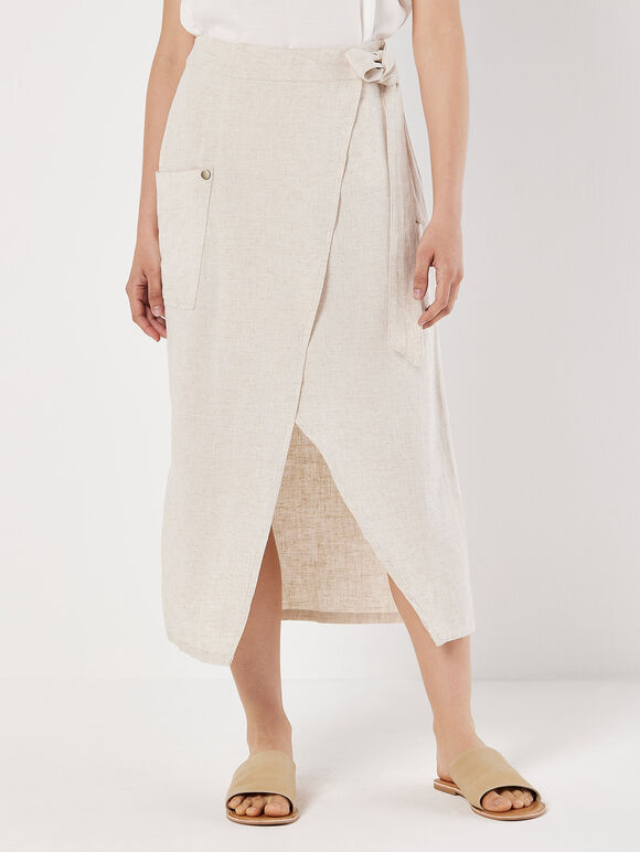 Linen Blend Wrap Midi Skirt, Cream, large