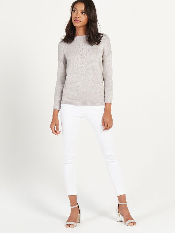 Grey Oversized Metallic Jumper, Light Grey - Silver, large