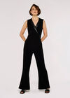 Leather-Look Collar Flare Jumpsuit, Black, large