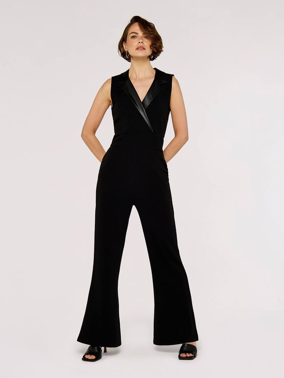 Leather-Look Collar Flare Jumpsuit, Black, large