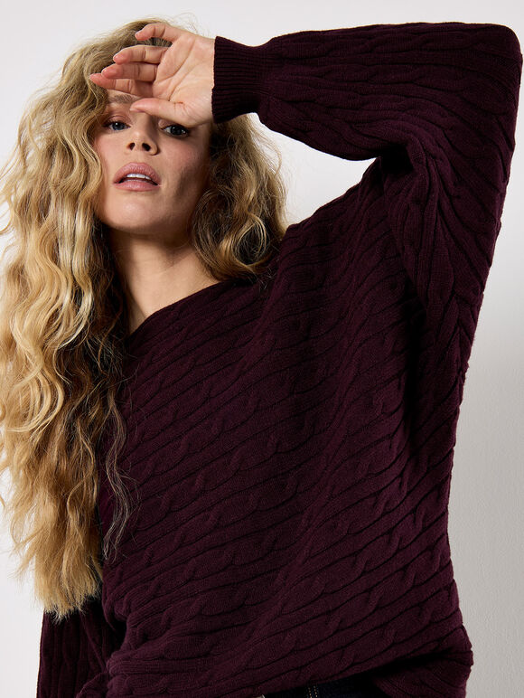Cable Stripe Batwing Aran Jumper, Purple, large