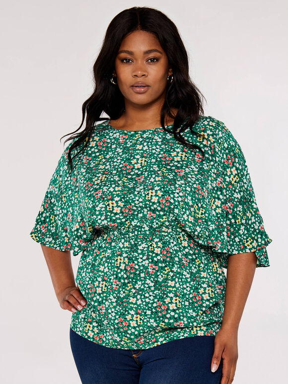 Ditsy Angel Sleeve Top, Green, large