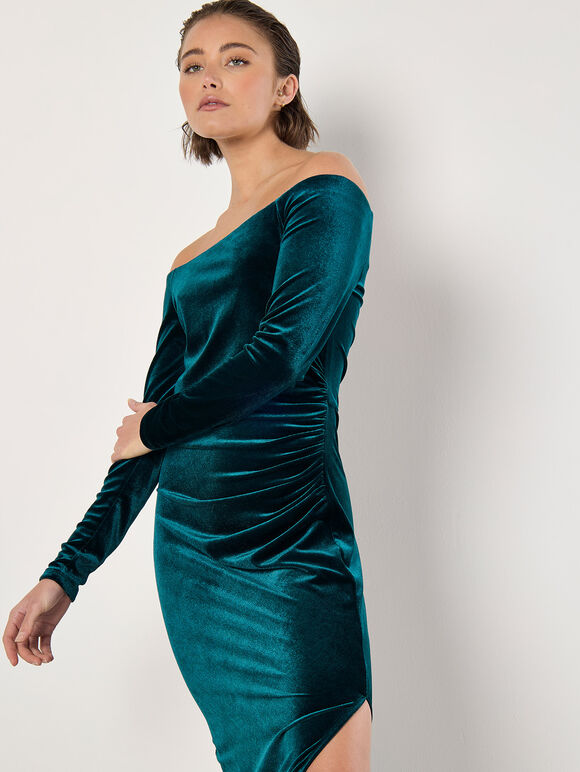 Bardot Velvet Midi Dress, Green, large