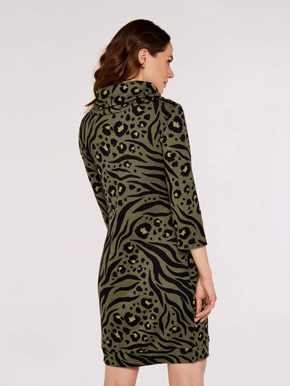 Zebra Leopard Cocoon Mini Dress, Khaki, large