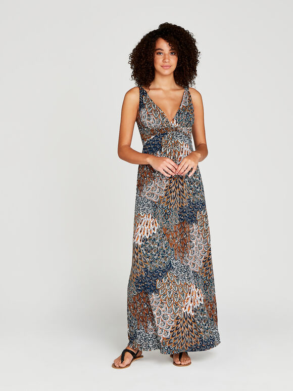Tribal Feather Maxi Dress, Green, large