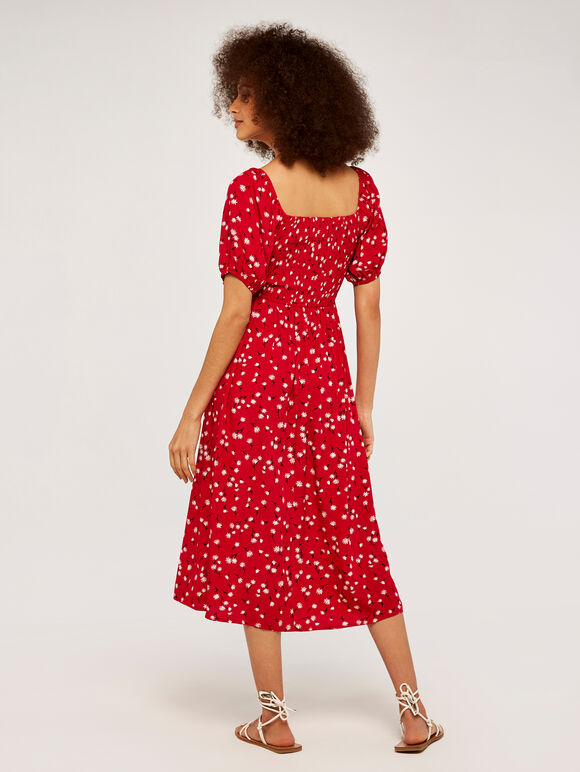 Floral Puff Sleeve Dress, Red, large