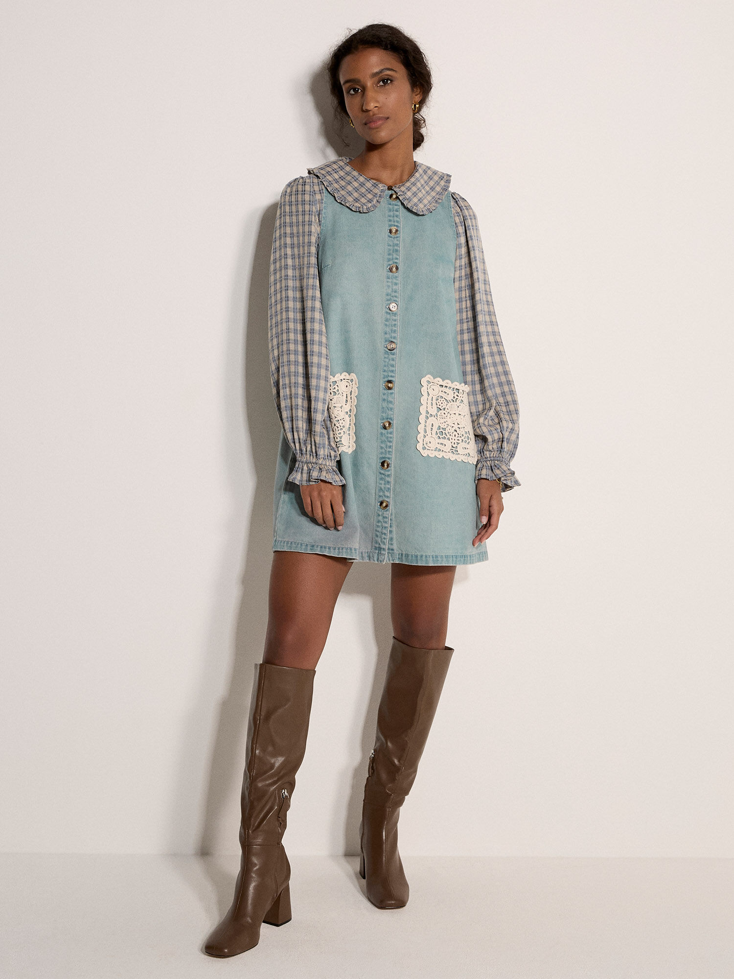 Denim Shift Crochet Pocket Mini Dress | Apricot Clothing