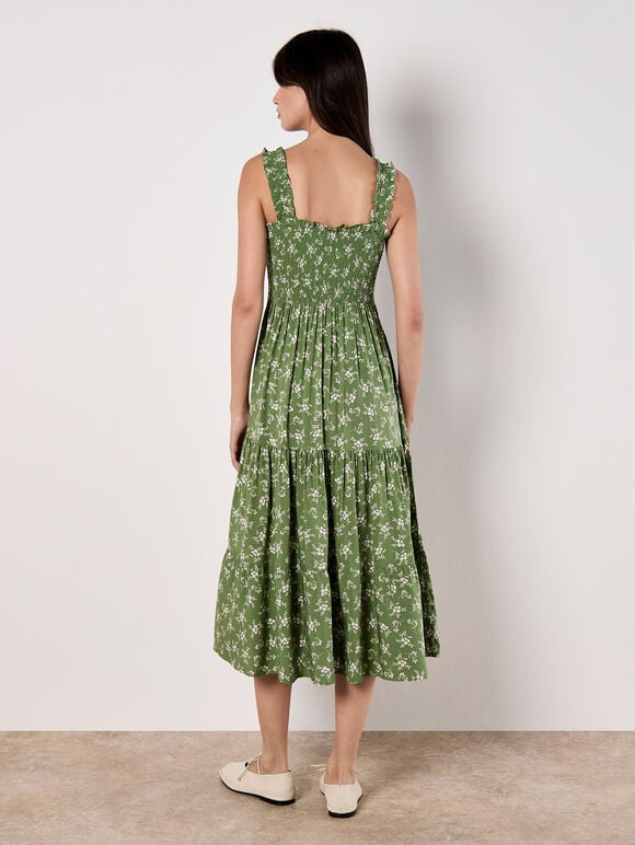 Orchid Print Smocked Midi Dress, Green, large
