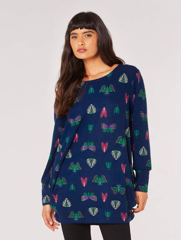 Butterfly Ruched Tunic Top, Navy, large