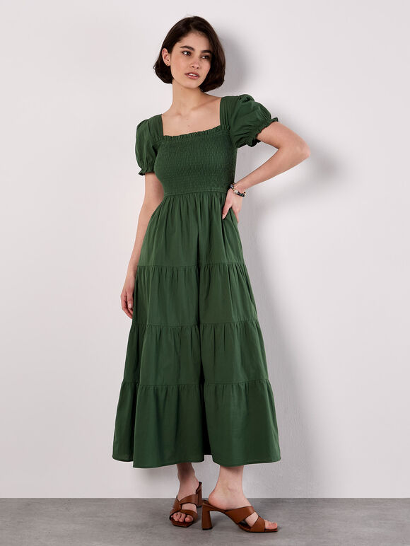 Cotton Tiered Milkmaid Midi Dress, Green, large