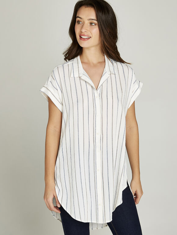 White Striped Short Turn Up Sleeve Shirt, White, large
