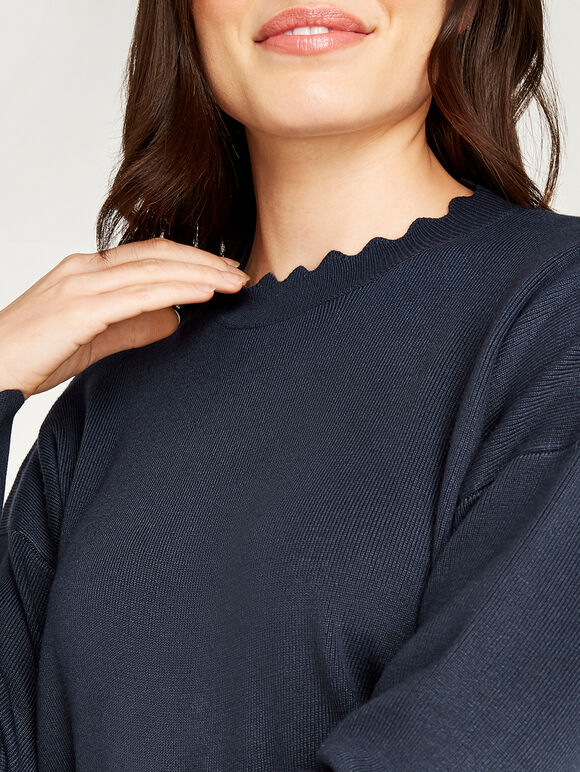 Scallop Detail Full Knit Jumper, Navy, large