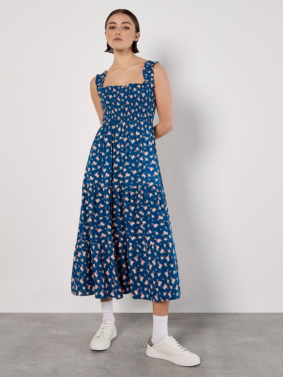 Ditsy Floral Smocked Midi Dress, Blue, large