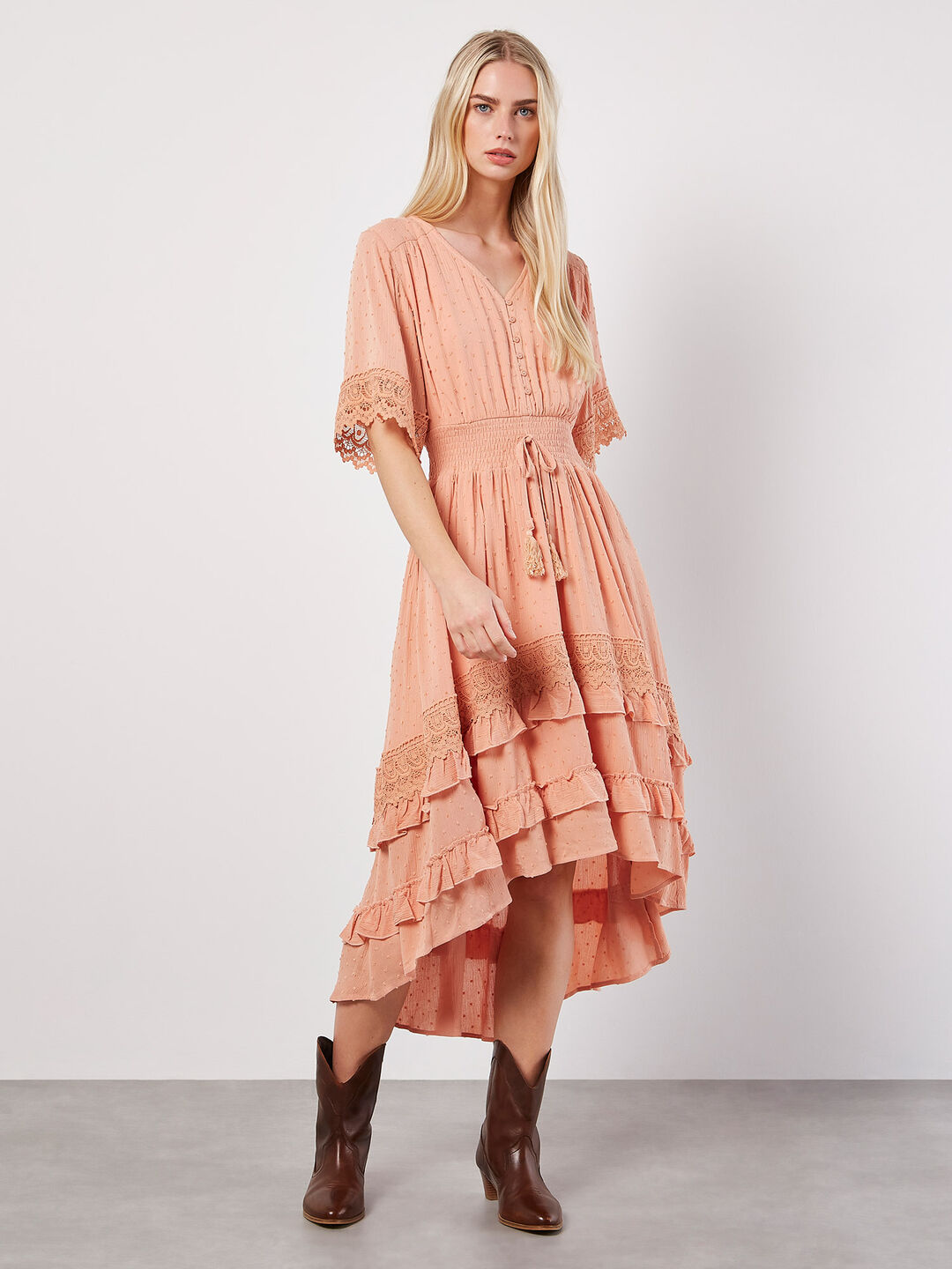 Dobby Ruffle Tiered Midi Dress