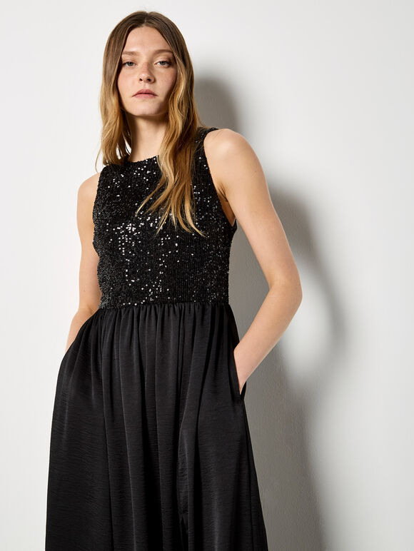Sequin Bodice Midi Dress, Black, large