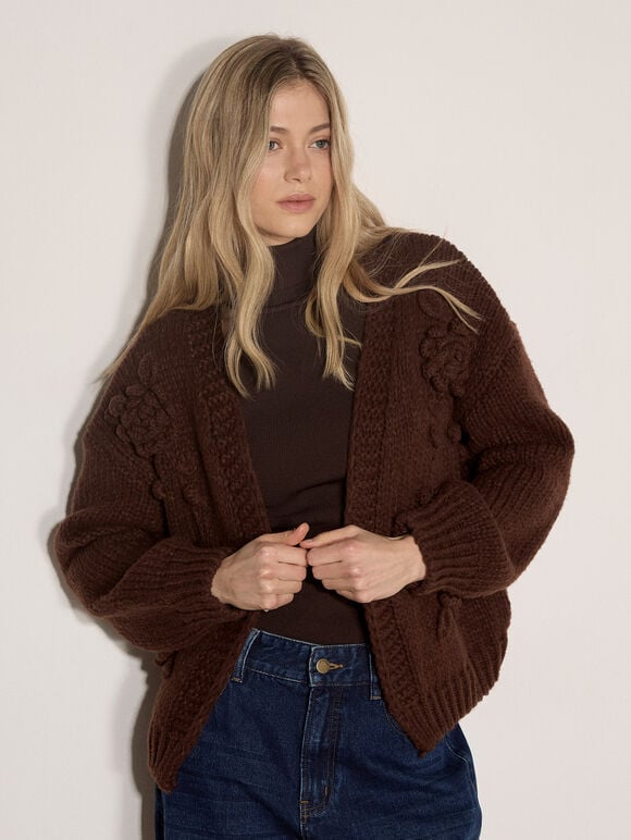Rose Applique Chunky Knit Cardigan, Brown, large