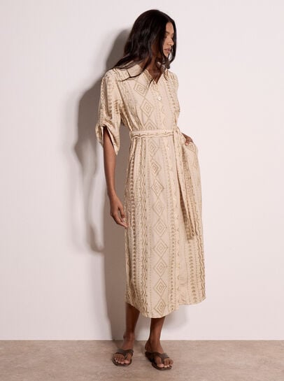 Geometric Shimmer Embroidered Shirt Midi Dress