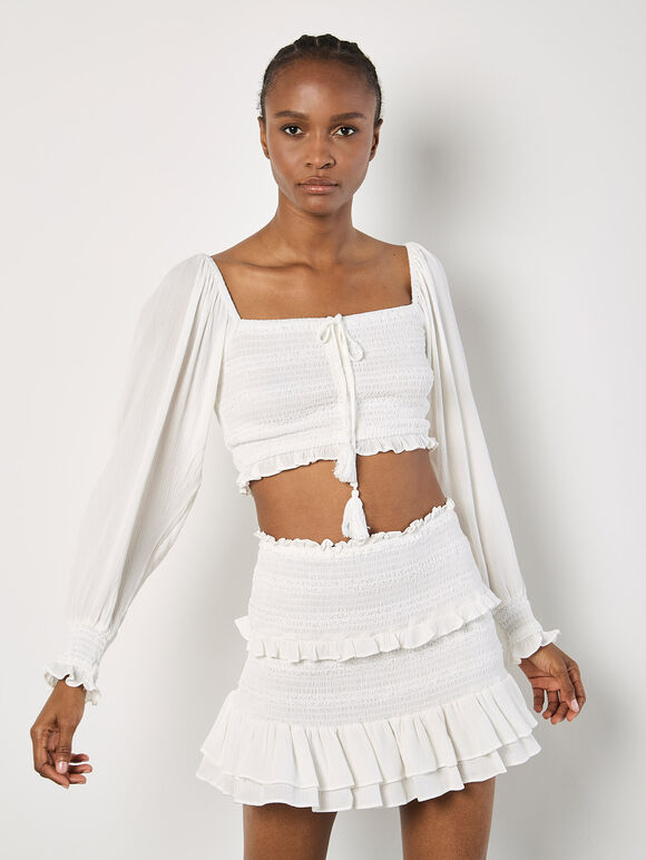 Smocked Ruffle Mini Skirt, White, large