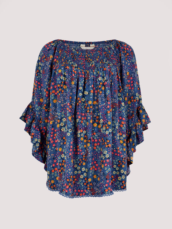 Ditsy Spray Bardot Top, Blue, large