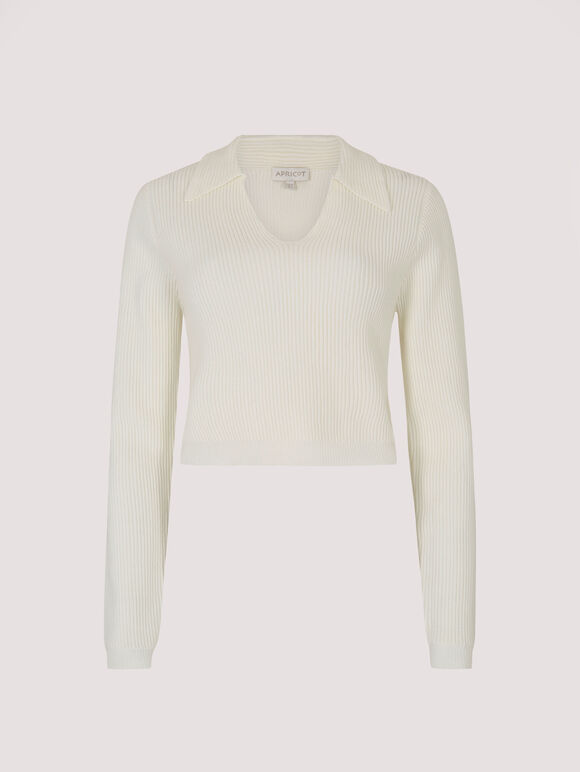 Cropped Ribbed Jersey Knit Jumper, Cream, large