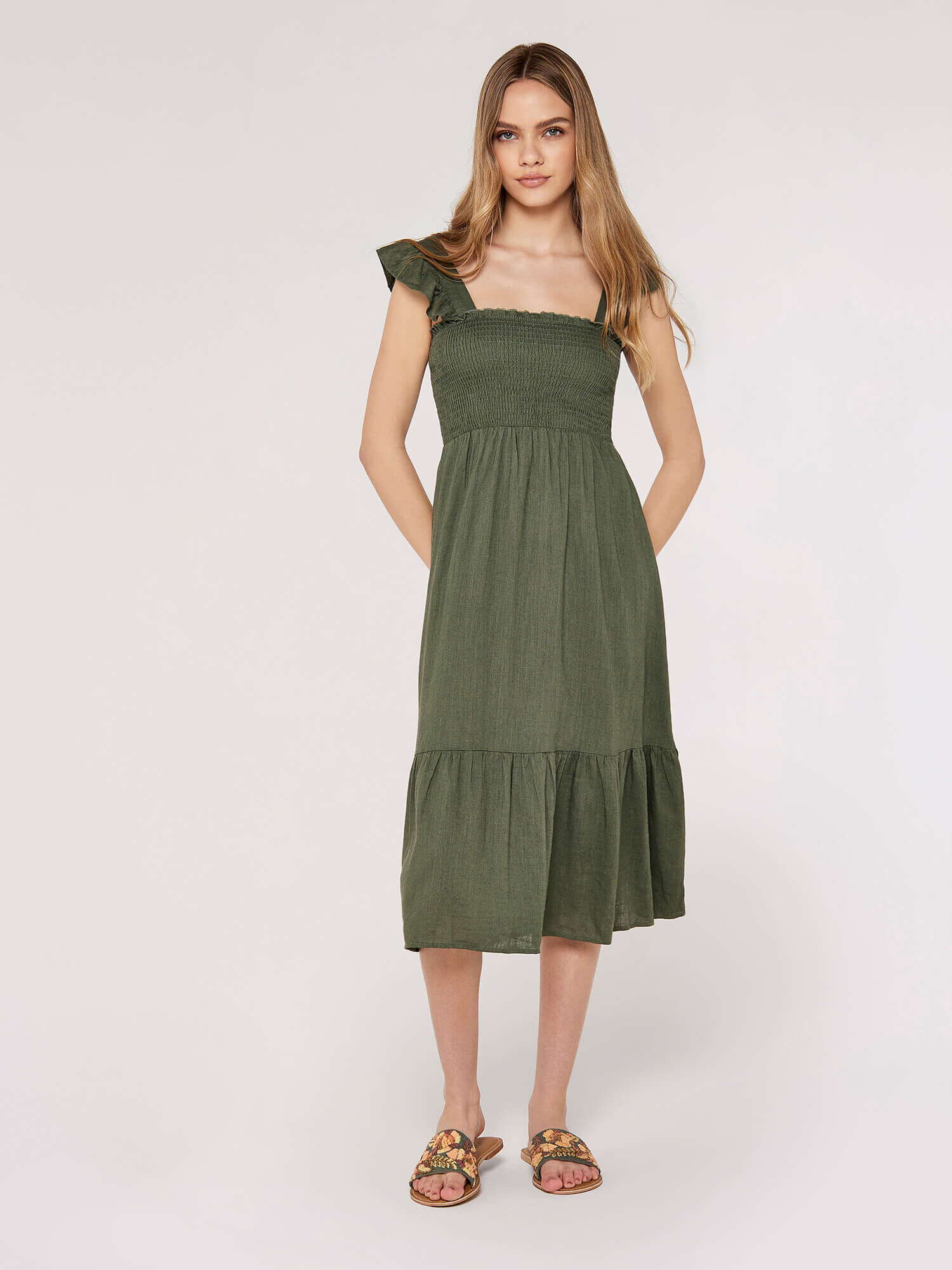 Linen Midi Dress Apricot Clothing