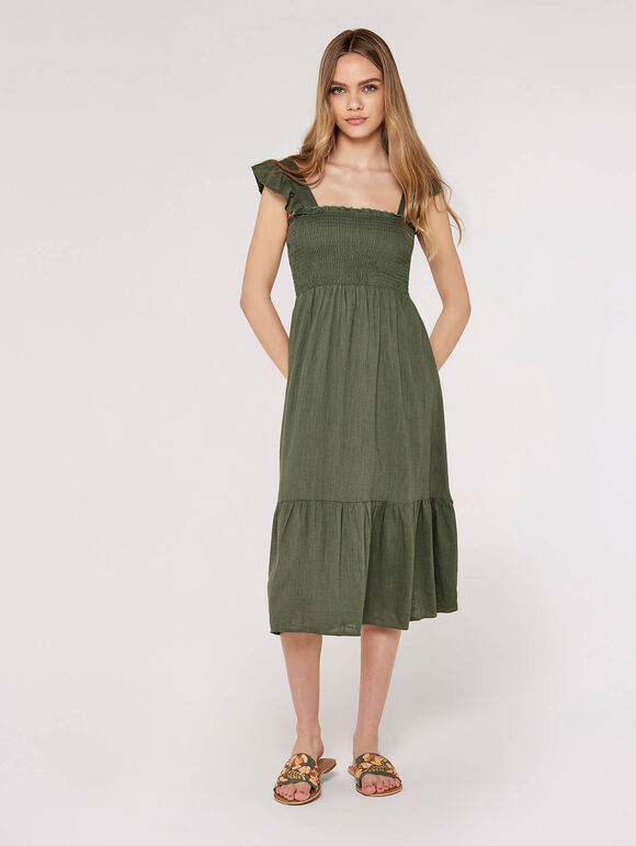 Linen Midi Dress, Khaki, large