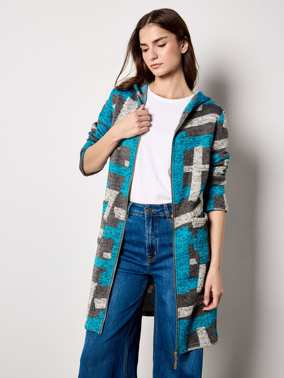 Geometric Knitted Zip-Down Cardigan, Dark Grey - Charcoal, large