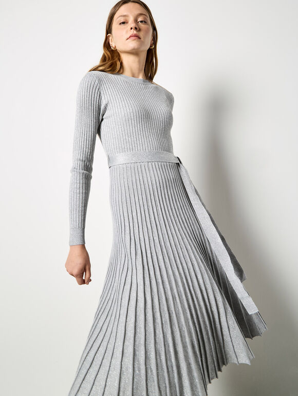 Belted Pleated Dress, Light Grey / Silver, large