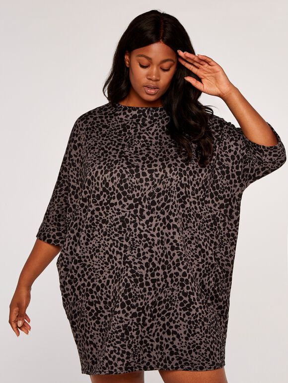 Curve Animal Dot Cocoon Dress, Dark Grey - Charcoal, large
